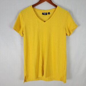 Onque Casual Womens Shirt Size Small Ribbed Top‎ Yellow Short Sleeve V Neck